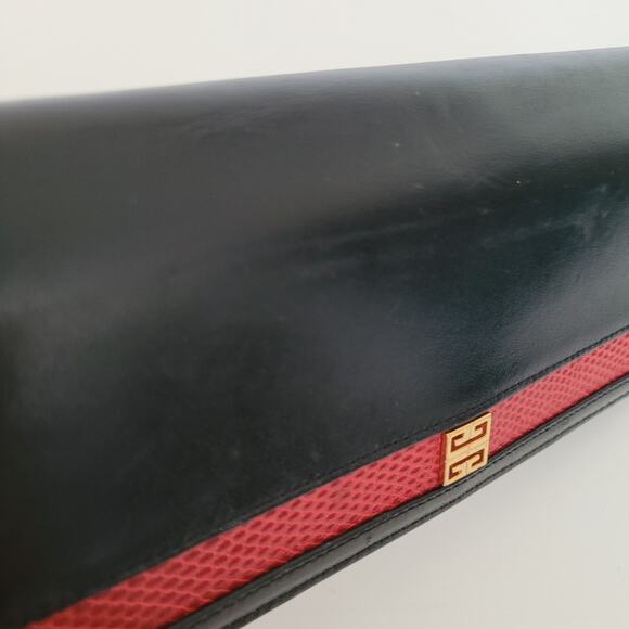 Givenchy Vintage Lizard Leather Wallet Black Red Logo Envelope Large Clutch - Picture 13 of 16